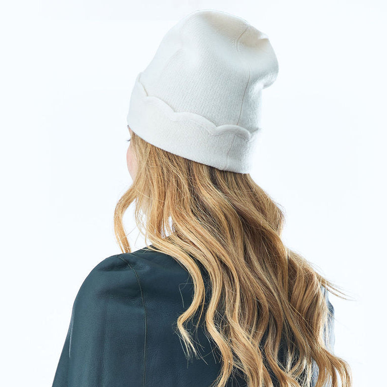 Scalloped Cashmere Beanie -White
