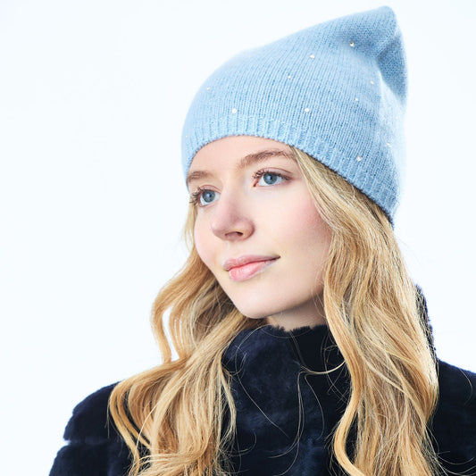 Cashmere & Lurex Long Slouchy Beanie w. Scattered Crystals- Dew Blue