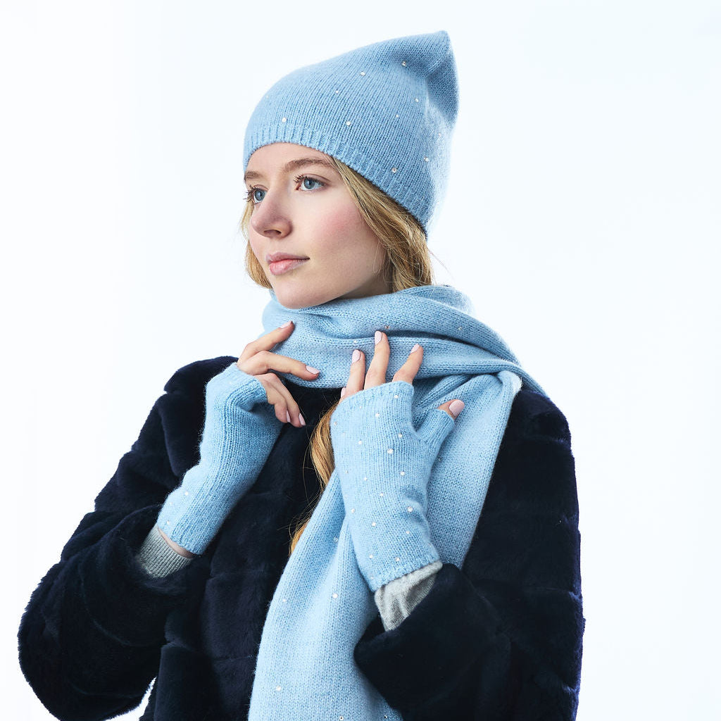 Cashmere and Lurex Short Fingerless Gloves w. Scattered Crystals- Dew Blue
