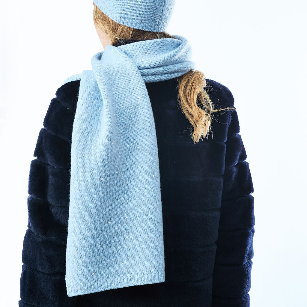 Long Cashmere and Lurex Scarf w. Scattered Crystals- Dew Blue