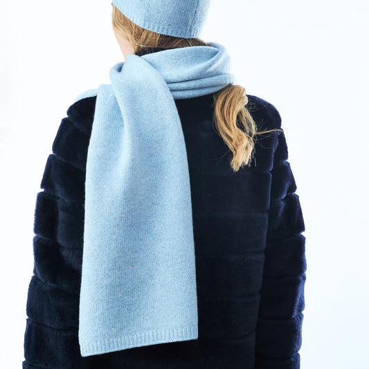 Long Cashmere and Lurex Scarf w. Scattered Crystals- Dew Blue