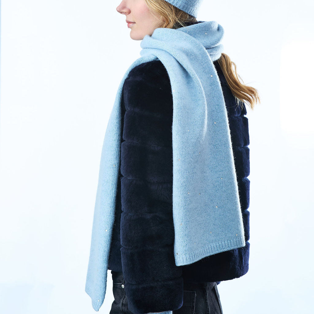 Long Cashmere and Lurex Scarf w. Scattered Crystals- Dew Blue