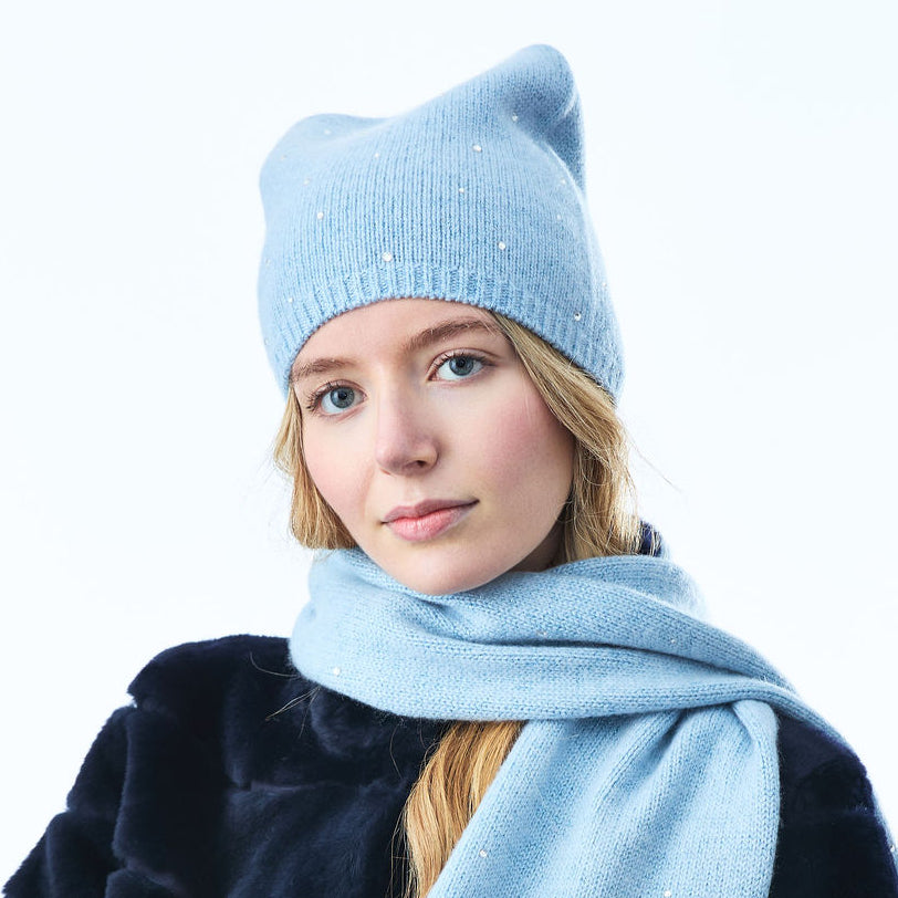 Cashmere & Lurex Long Slouchy Beanie w. Scattered Crystals- Dew Blue