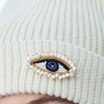 Cashmere Ribbed Cuffed Beanie w. Hand Embroidered Evil Eye