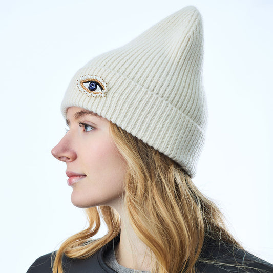 Cashmere Ribbed Cuffed Beanie w. Hand Embroidered Evil Eye