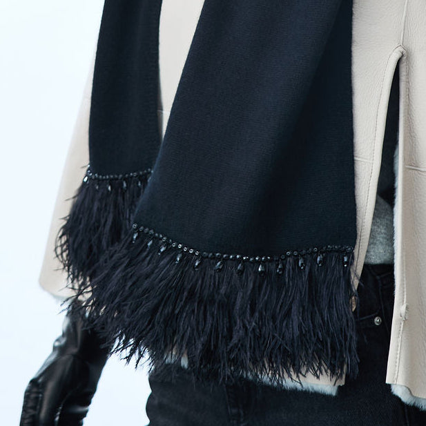 Cashmere Long Scarf w. Ostrich Trim and Pearl Edge- Black