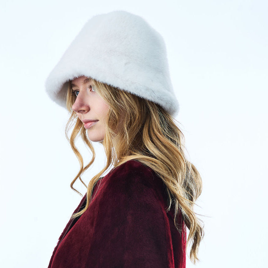 Faux Fur Bucket Hat- White