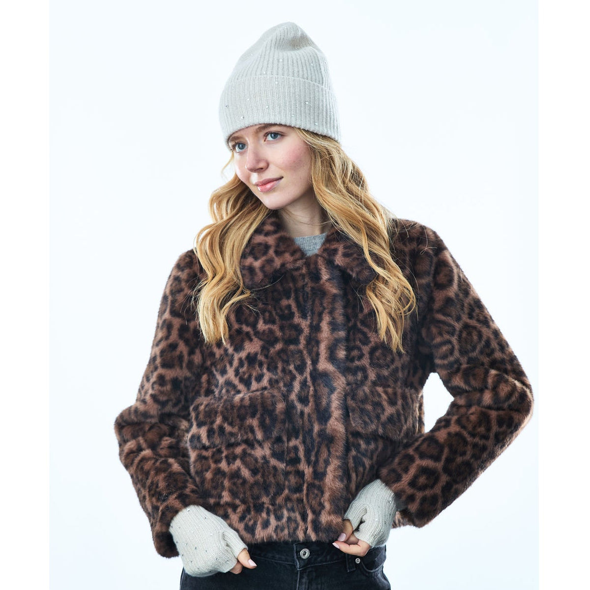 Faux Fur Bomber with Collar and Patch Pockets- Leopard Print