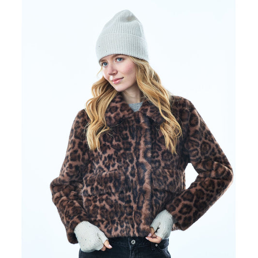 Faux Fur Bomber with Collar and Patch Pockets- Leopard Print