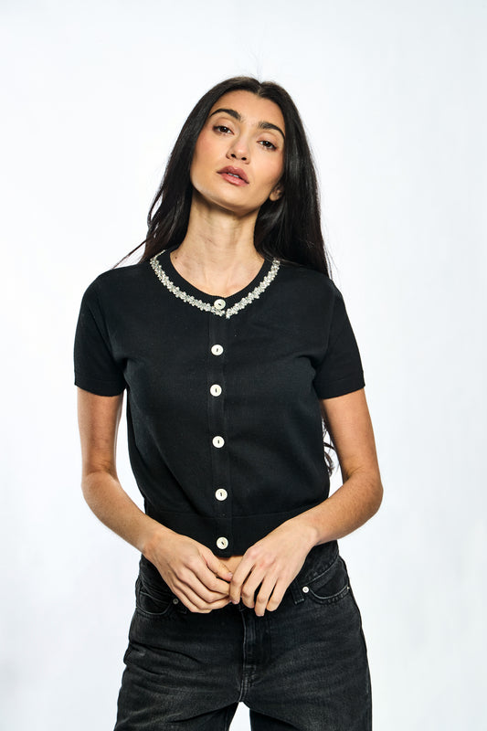 Cotton Cashmere Short Sleeve Cardigan with Embellished Neckline - Black