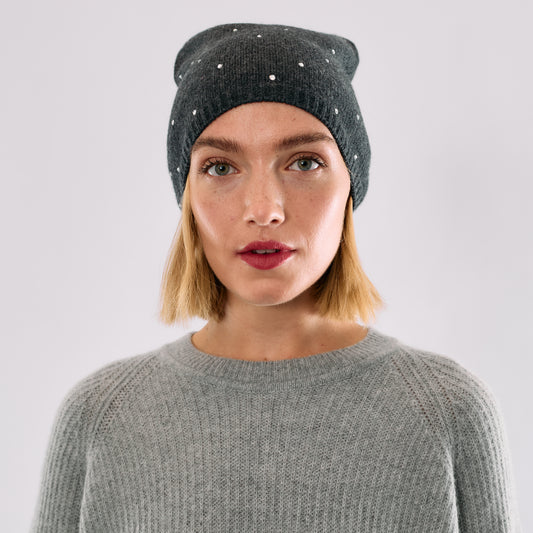 Cashmere Long Slouchy Beanie with Scattered Crystals- Dark Grey