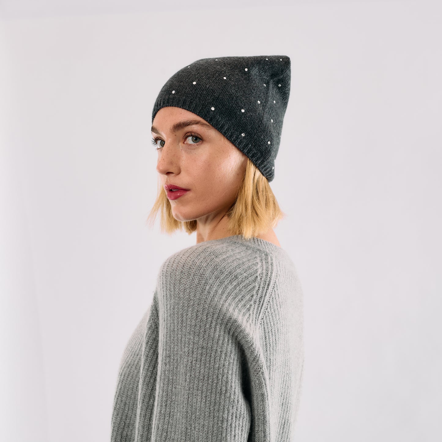 Cashmere Long Slouchy Beanie with Scattered Crystals- Dark Grey