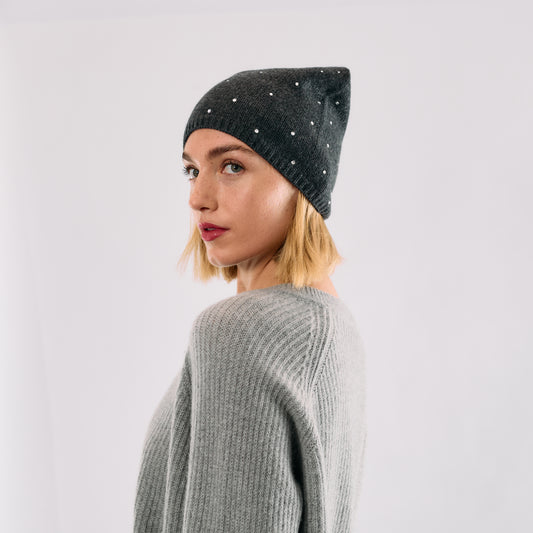 Cashmere Long Slouchy Beanie with Scattered Crystals- Dark Grey