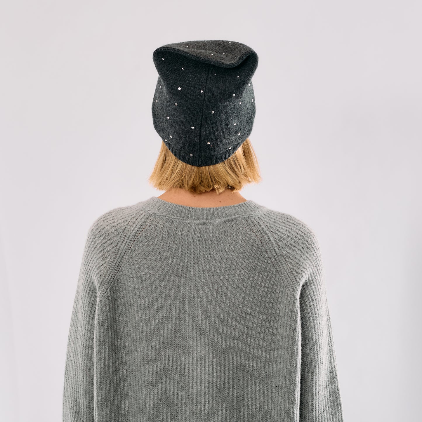 Cashmere Long Slouchy Beanie with Scattered Crystals- Dark Grey