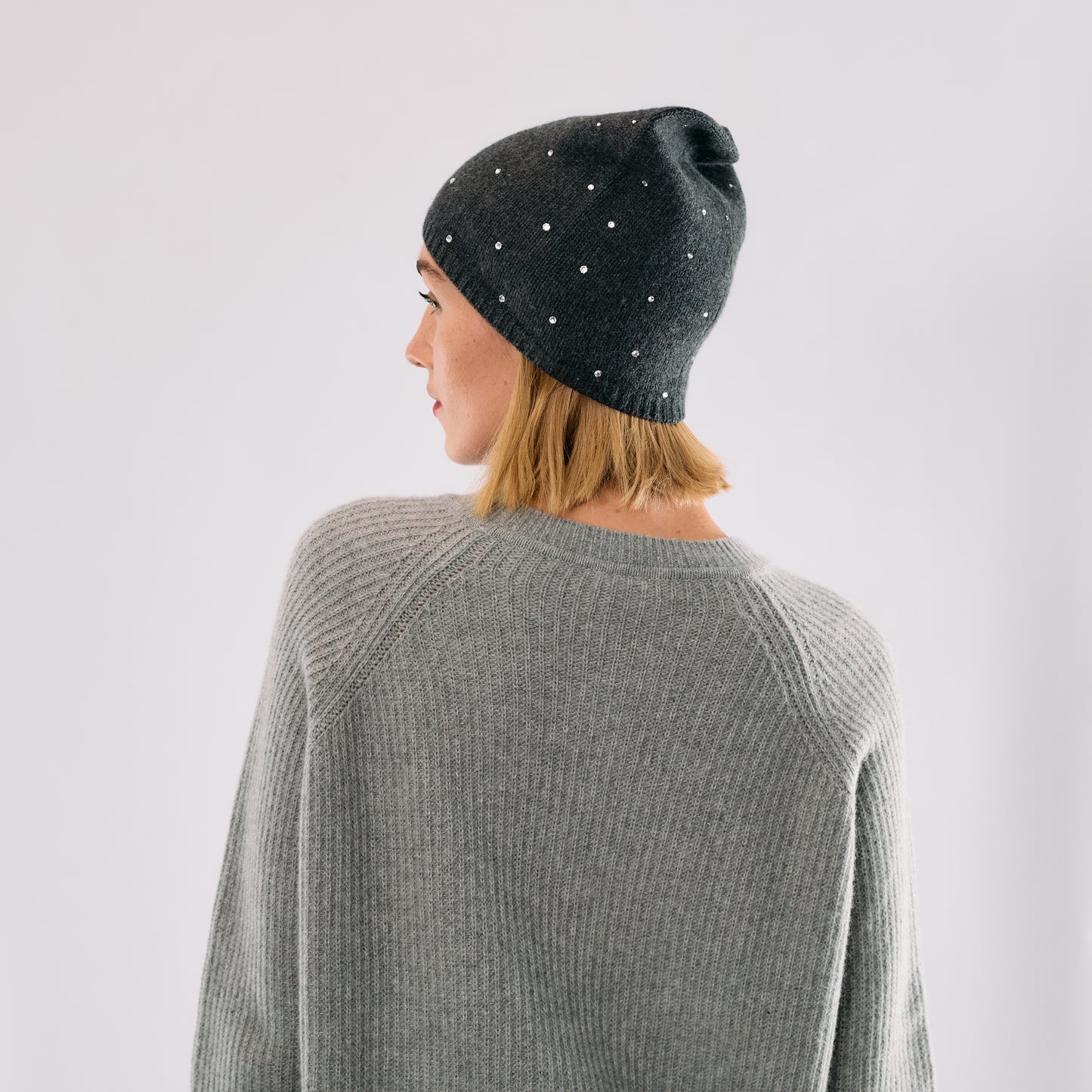 Cashmere Long Slouchy Beanie with Scattered Crystals- Dark Grey