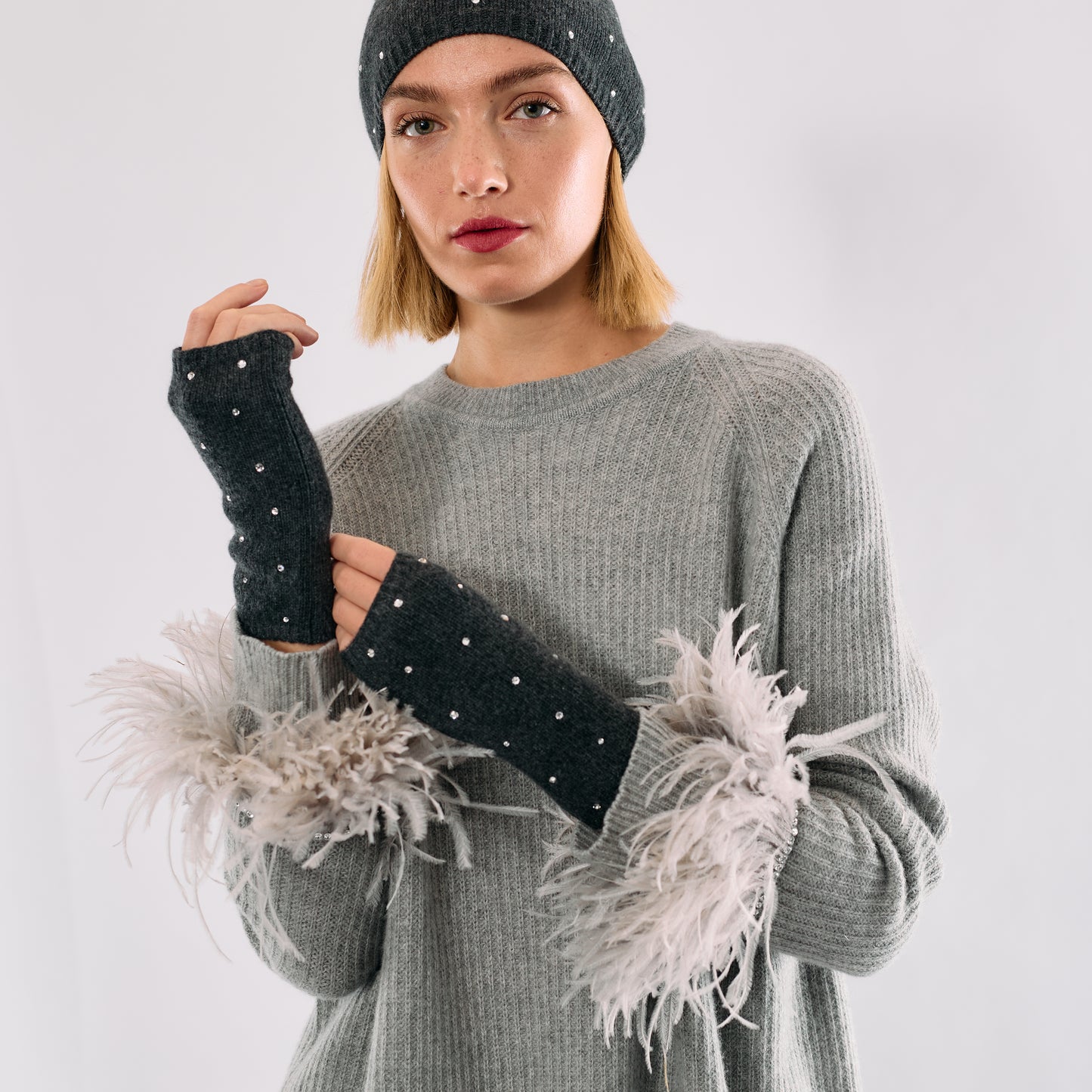 Cashmere Short Fingerless Gloves with Scattered Crystals- Dark Grey