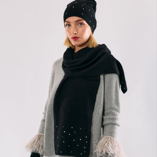 Cashmere Long Scarf with Scattered Monochromatic Crystals- Black