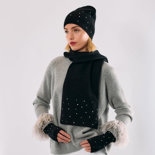 Cashmere Long Scarf with Scattered Monochromatic Crystals- Black