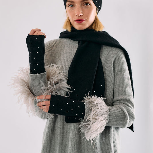 Cashmere Short Fingerless Gloves w. Scattered Crystals - Black