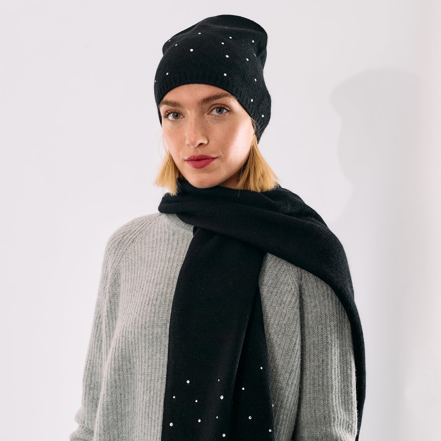 Cashmere Long Slouchy Beanie with Scattered Crystals- Black