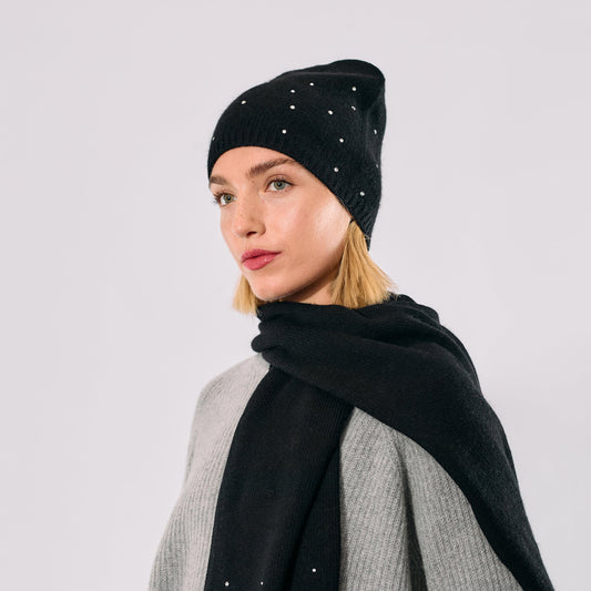 Cashmere Long Slouchy Beanie with Scattered Crystals- Black