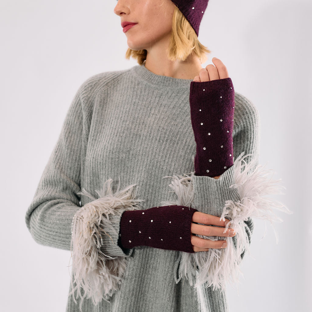 Cashmere Short Fingerless Gloves w. Scattered Crystals - Burgundy