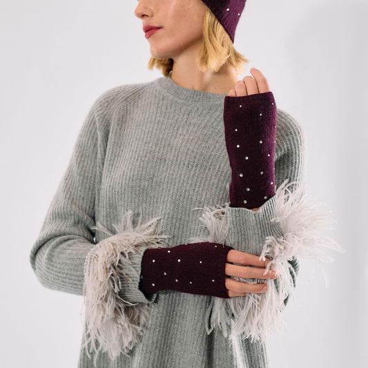 Cashmere Short Fingerless Gloves w. Scattered Crystals - Burgundy