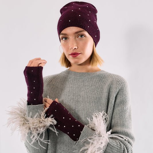 Cashmere Short Fingerless Gloves w. Pearls & Crystals -Burgundy