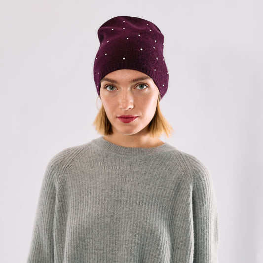 Cashmere Long Slouchy Beanie with Scattered Crystals- Burgundy
