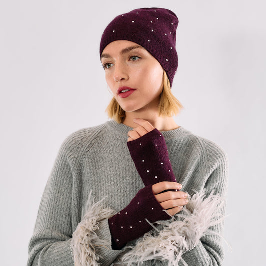 Cashmere Short Fingerless Gloves w. Pearls & Crystals -Burgundy