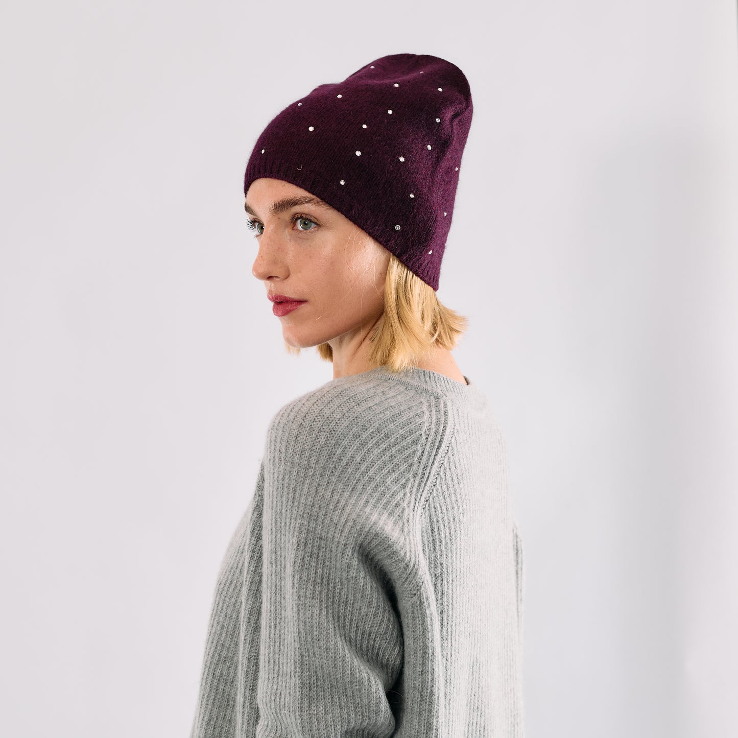 Cashmere Long Slouchy Beanie with Scattered Crystals- Burgundy