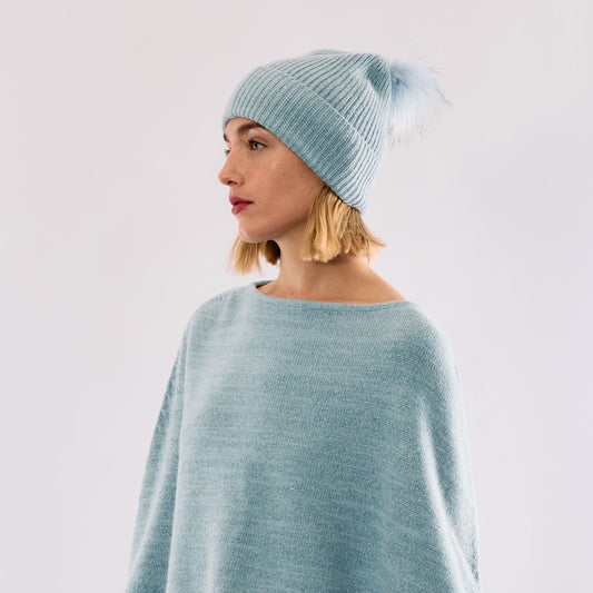 Cashmere & Lurex Cuffed Beanie with Faux Pom Pom