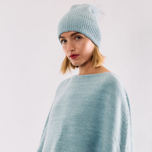 Cashmere & Lurex Cuffed Beanie with Faux Pom Pom