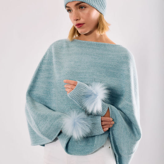 Cashmere & Lurex Ribbed Short Fingerless Gloves w. Pom Pom - Baby Blue