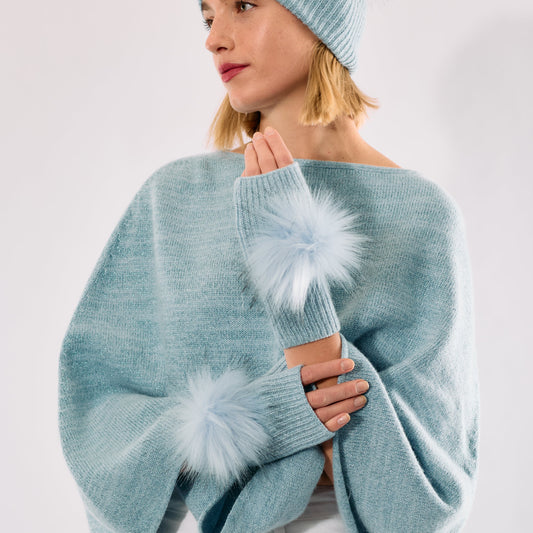 Cashmere & Lurex Ribbed Short Fingerless Gloves w. Pom Pom - Baby Blue