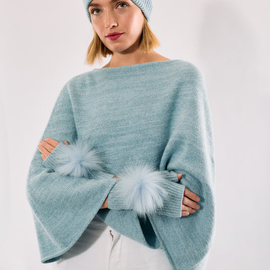 Cashmere & Lurex Ribbed Short Fingerless Gloves w. Pom Pom - Baby Blue