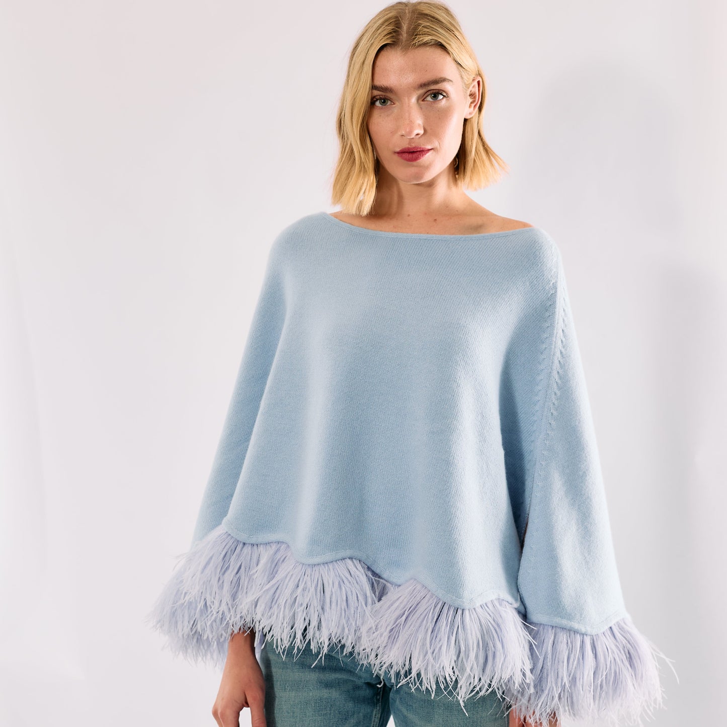 Cropped Cashmere & Lurex Poncho with Ostrich Feather Trim - Baby Blue