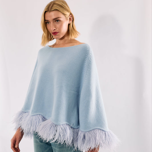 Cropped Cashmere & Lurex Poncho with Ostrich Feather Trim - Baby Blue