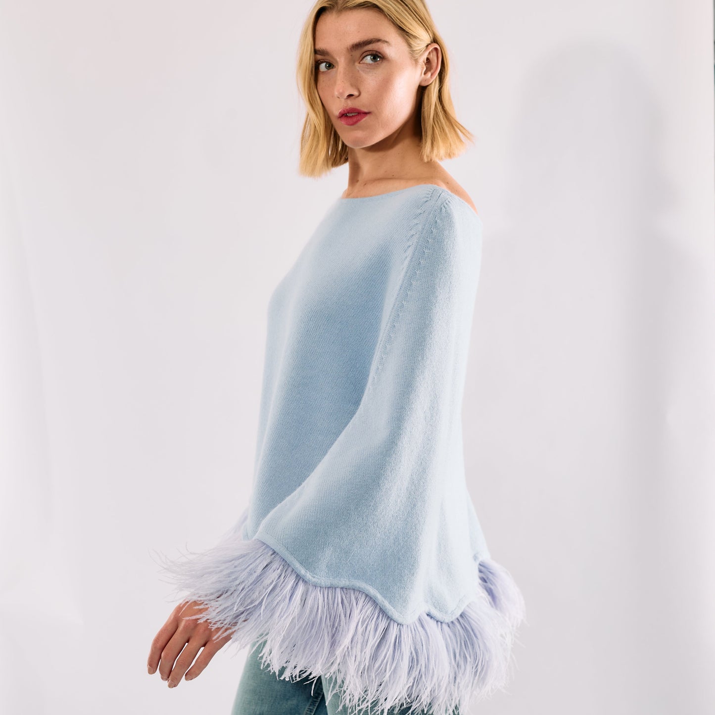 Cropped Cashmere & Lurex Poncho with Ostrich Feather Trim - Baby Blue