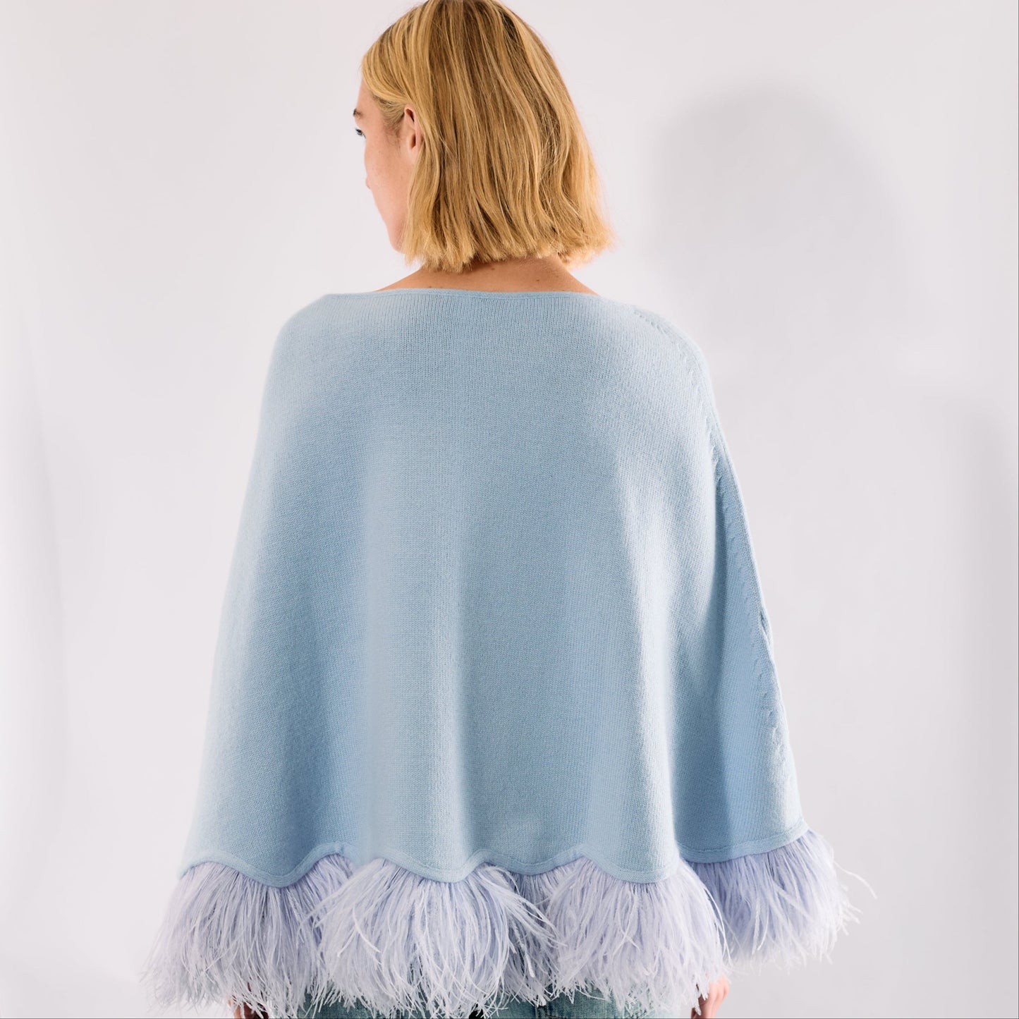 Cropped Cashmere & Lurex Poncho with Ostrich Feather Trim - Baby Blue