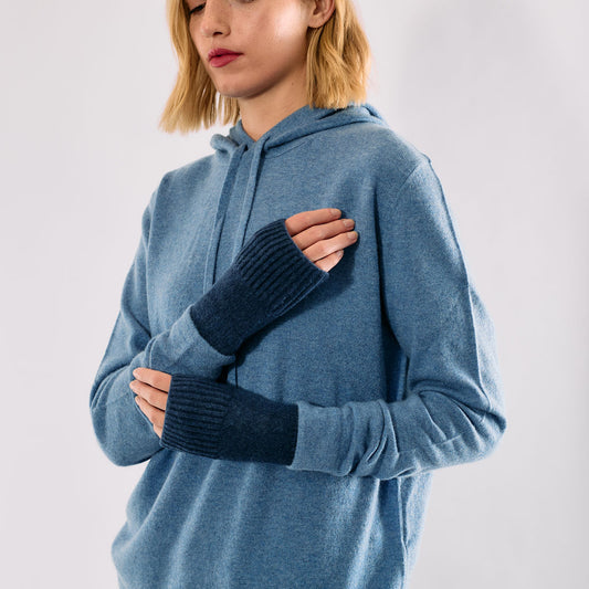 Cashmere Short Fingerless Gloves w. Ribbed Edge - Denim