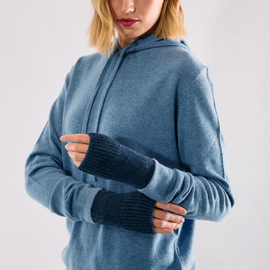 Cashmere Short Fingerless Gloves w. Ribbed Edge - Denim