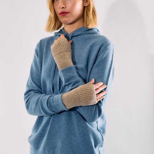 Cashmere Short Fingerless Gloves w. Ribbed Edge - Nile Brown