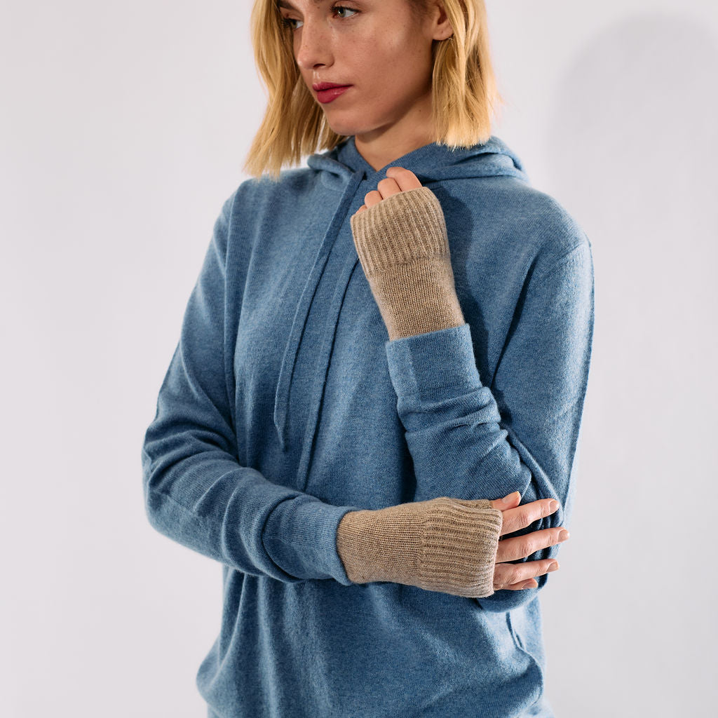 Cashmere Short Fingerless Gloves w. Ribbed Edge - Nile Brown