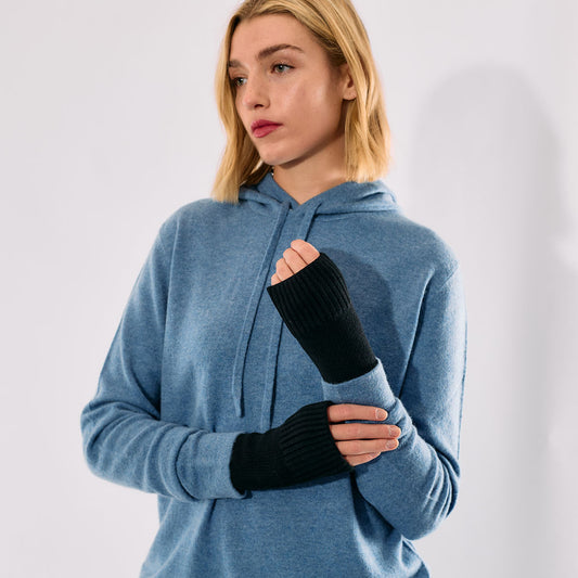 Cashmere Short Fingerless Gloves w. Ribbed Edge - Black