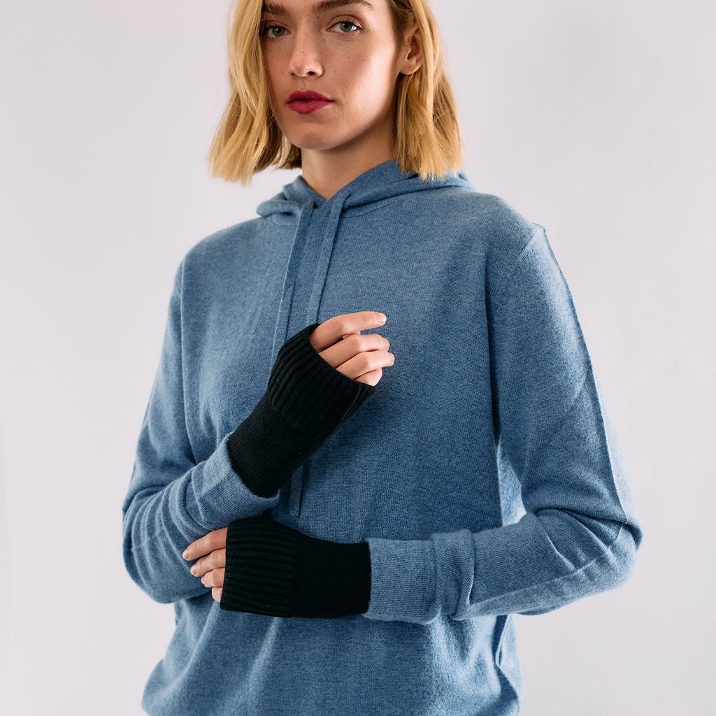 Cashmere Short Fingerless Gloves w. Ribbed Edge - Black