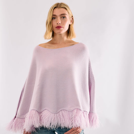 Cropped Cashmere & Lurex Poncho with Ostrich Feather Trim - Lavender