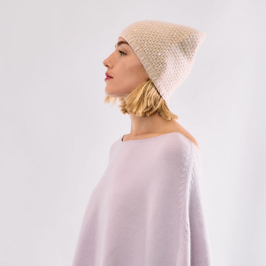 Cashmere Tweeded Long Slouchy Beanie w. Sequins and Stitch Embroidery