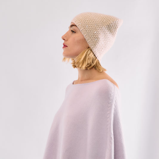 Cashmere Tweeded Long Slouchy Beanie with Sequins and Stitch Embroidery