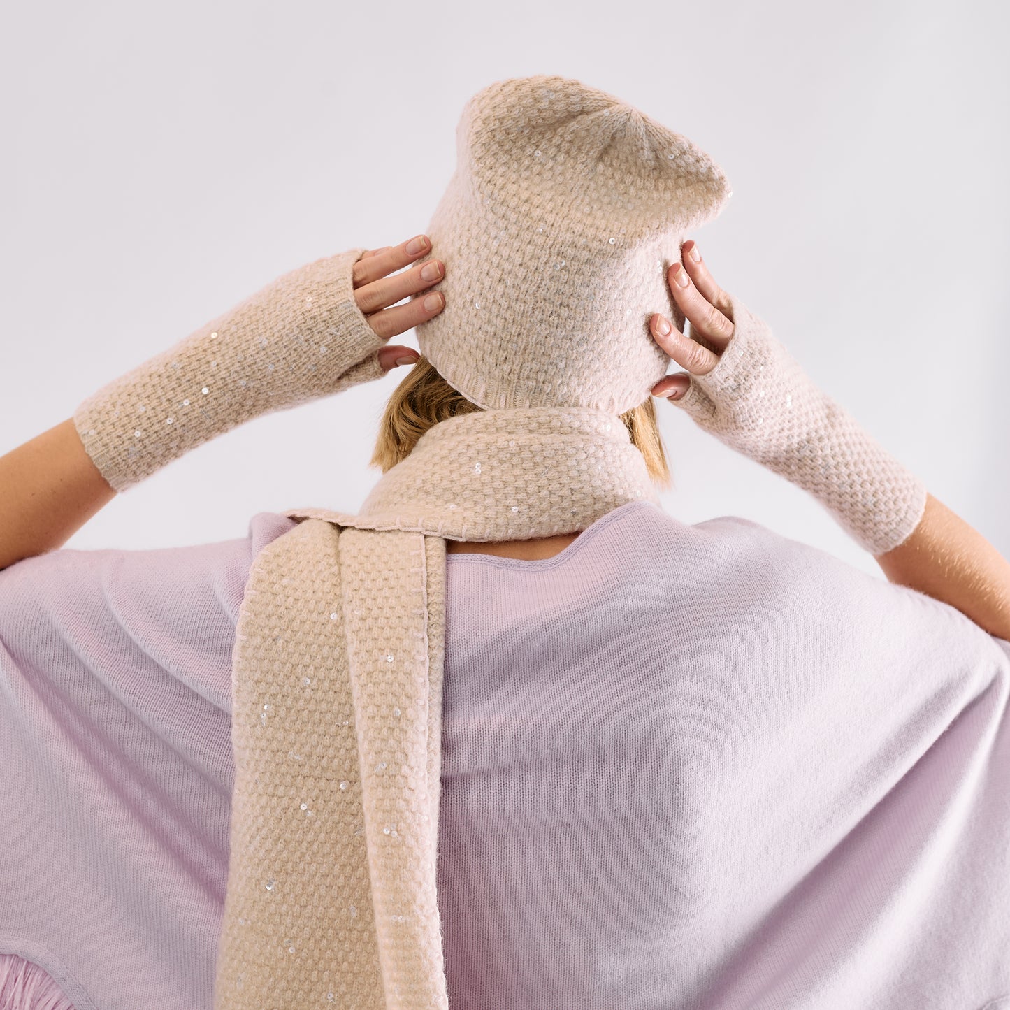 Cashmere Tweeded Long Slouchy Beanie with Sequins and Stitch Embroidery
